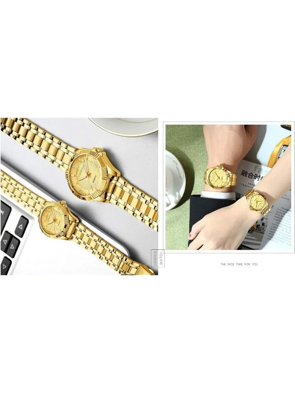 Men's Gold Analog Quartz Stainless Steel Crystals Classic Style Wrist Watch
